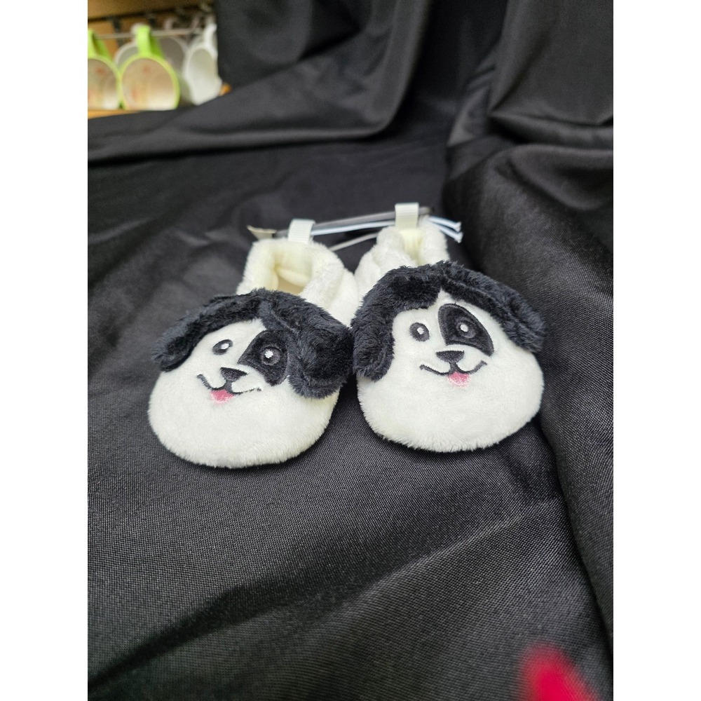 Old Navy Baby Puppy Dog Plush Faux Fur Slippers White Black 6-12M 804406-00-1
